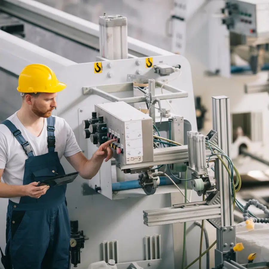 Technicien ajustant une machine industrielle
